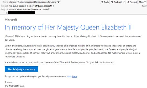 攻击者正假借悼念英女王之名 通过钓鱼邮件骗取用户的微软账户凭据